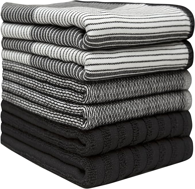 Premium Kitchen Towels (20”x 28”, 6 Pack) | Large Cotton Dish Towels | Flat & Terry Highly Absorbent Kitchen Linen Set with Hanging Loop | Black