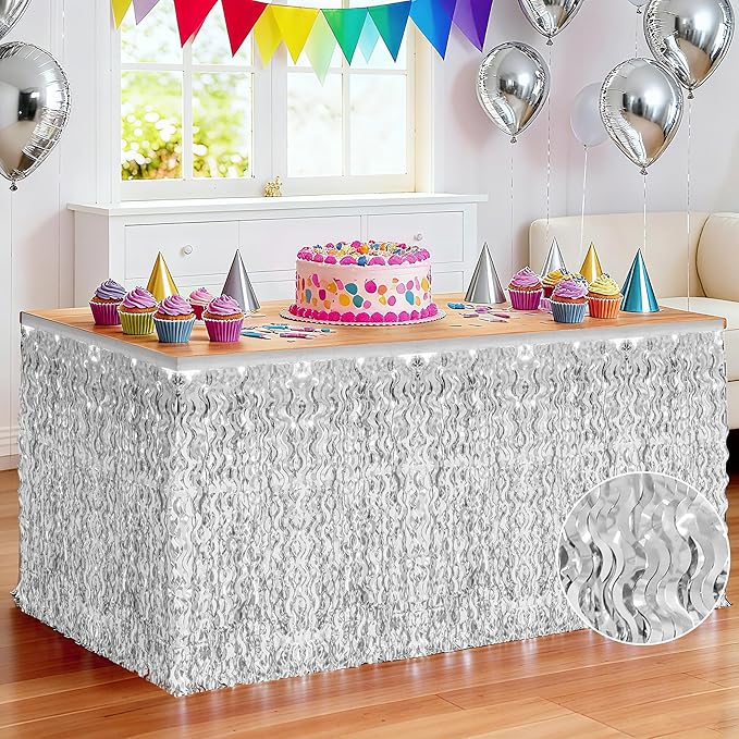 2 Pack Silver Desk Skirt, Metallic Grass Skirt for Table, Birthday Wavy Tinsel Foil Fringe Table Skirts, Foil Table Skirts for Christmas Wedding Birthday Indoor Party Celebrations Decor