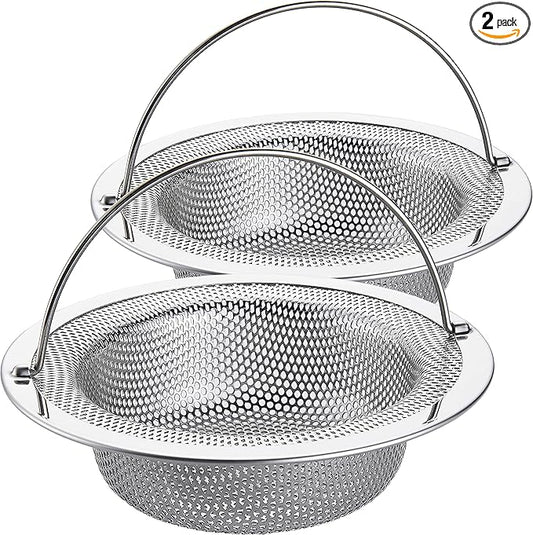 LASSHSWA Kitchen Sink Strainer Stainless Steel, Kitchen Sink Drain Strainer with Handle, Sink Strainers with Large Wide Rim 4.5" Diameter for Kitchen Sinks (2PCS)