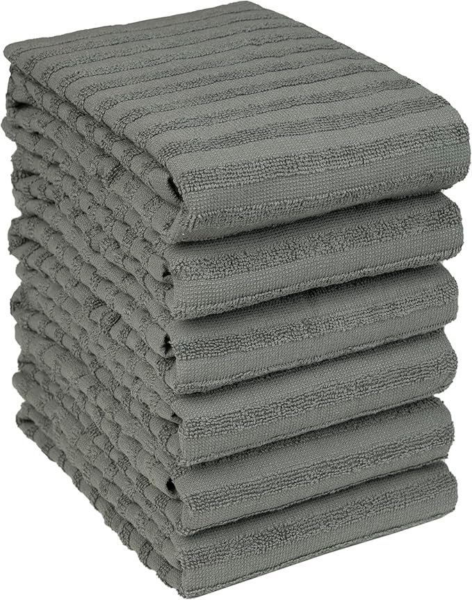 Premium Kitchen Towels (20”x 28”, 6 Pack) | Large Cotton Dish Towels 450 GSM | Highly Absorbent Terry Kitchen Linen Set with Hanging Loop | Anthracite Solid
