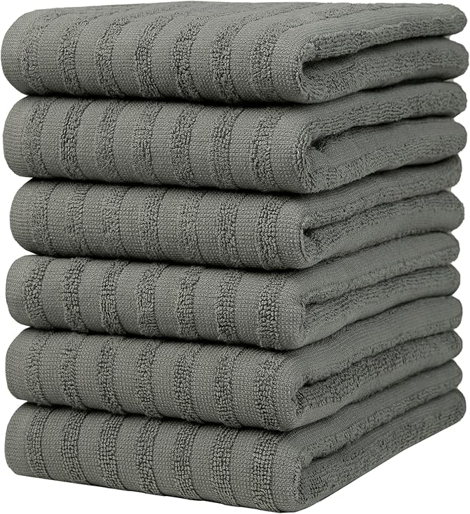 Premium Kitchen Towels (20”x 28”, 6 Pack) | Large Cotton Dish Towels 450 GSM | Highly Absorbent Terry Kitchen Linen Set with Hanging Loop | Anthracite Solid