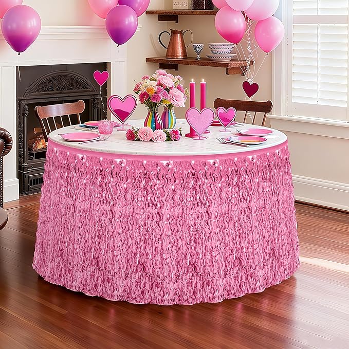 Valentines Day Table Skirt Decor, 2 Pack Pink Foil Grass Table Skirt, Metallic Wavy Tinsel Foil Fringe Table Skirts, Table Skirts for Wedding Birthday Graduations Valentines Day Parade Party