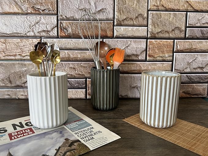 TOPYOKK Stoneware Coffee Bar Utensil Holder Tea & Coffee Spoon & Stirrer Holder for Stir Stick Straw Teaspoon Holder Spoon Cup Small Utensil Jar Fluted Vertical Stripe (Retro White)