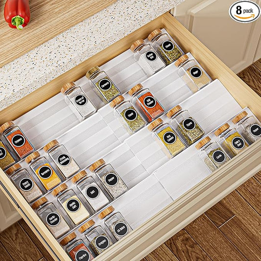8-Pack Spice Rack for Drawer, Adjustable Seasoning Rack Tray, Expandable from 13" to 26" Kitchen Seasoning Organizers and Storage for Drawer, 2mm Acrylic, White (Jars Not Included)