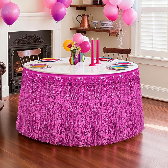 2 Pack Hot Pink Table Skirt Decor, Breast Cancer Awareness Decorations Foil Grass Skirt for Table, Metallic Wavy Tinsel Foil Fringe Table Skirts, Table Foil Skirts Wedding Birthday Valentines Party