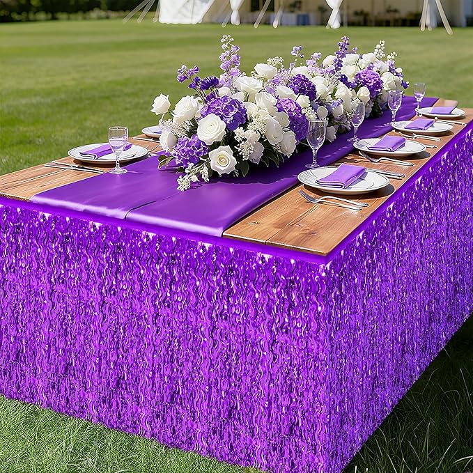Mardi Gras Table Skirt, 2 Pack Purple Foil Grass Table Skirt, Halloween Metallic Wavy Tinsel Foil Fringe Table Skirts, Table Skirts for Halloween Graduations Mardi Gras Parade Party Decor