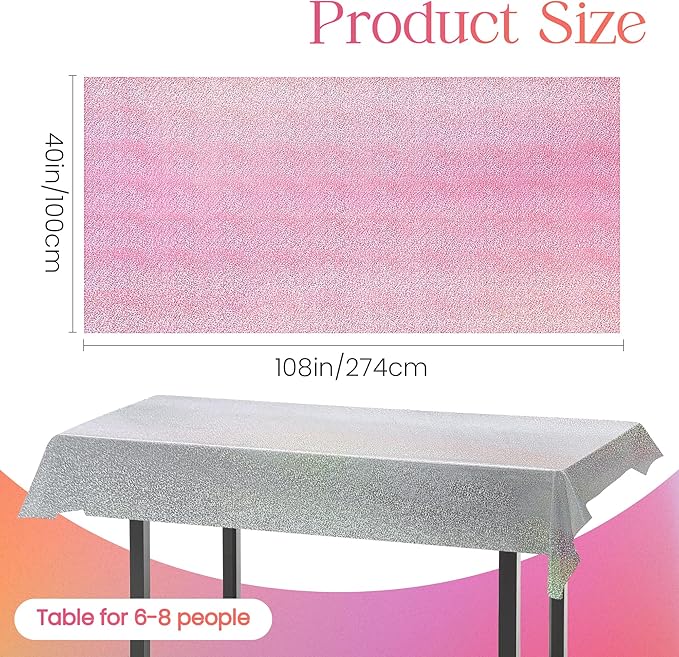 PalePink & Silver Holographic Tablecloth 40" x 108" Hot Pink Party Decoration Valentine's Day Birthday Party Table Decor Iridescence Plastic Table Cloth for Baby Shower Bachelorette Party Supplies