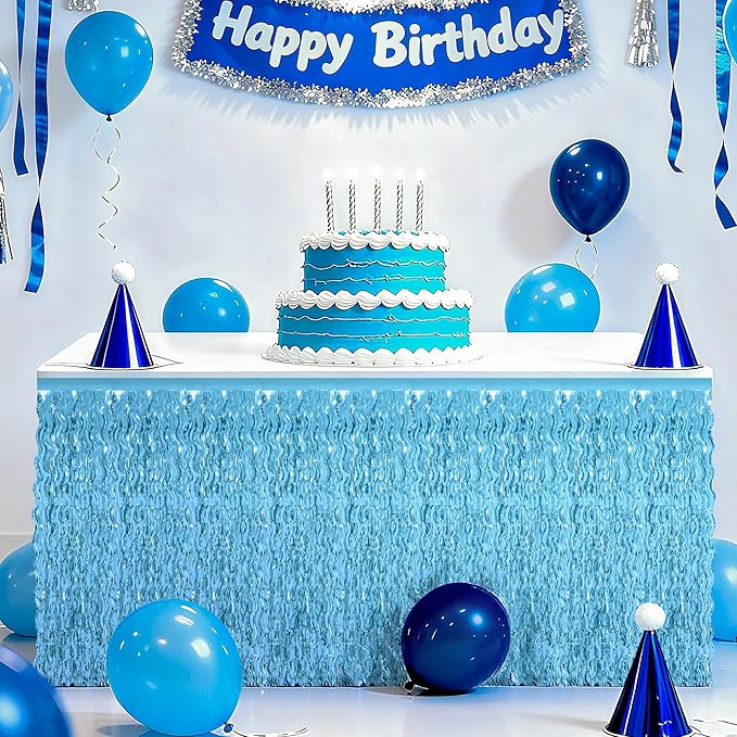 2 Pack Light Blue Table Skirt, Gender Reveal Desk Grass Skirt for Table, Under The Sea Party Wavy Tinsel Foil Fringe Table Skirts, Foil Table Skirts Oktoberfest Birthday Indoor Party Decor