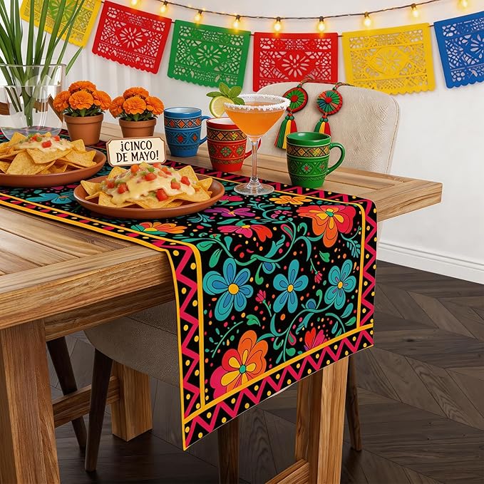 Mexican Fiesta Table Runner - Cinco De Mayo Decorations for Fiesta Party Decorations | Dia De Los Muertos Decorations Cinco De Mayo Rustic Linen Home Dining Room Kitchen Table Decor