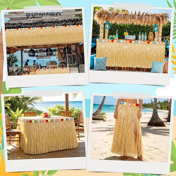 Luau Party Decorations, 2PCS Gold Hawaiian Themed Table Skirt Party Decorations, Flower 108 X 29.5" Grass Skirts Luau Party Favors, Luau Table Skirt for Summer Tropical Hula Parties Decor Accessories