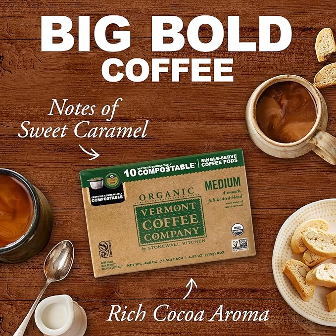 Vermont Coffee Company, Organic Medium Roast, Single-Serve Organic Compostable Coffee Pods for Keurig, 10CT, Compatible with Most Kcups Brewing Systems, Made in the USA