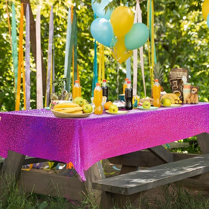 Black & Fuchsia Red Holographic Tablecloth - 40" x 108" Hot Pink Party Decor - Iridescent Plastic Table Cloth for Valentine's Day, Birthday, Halloween & Baby Showers