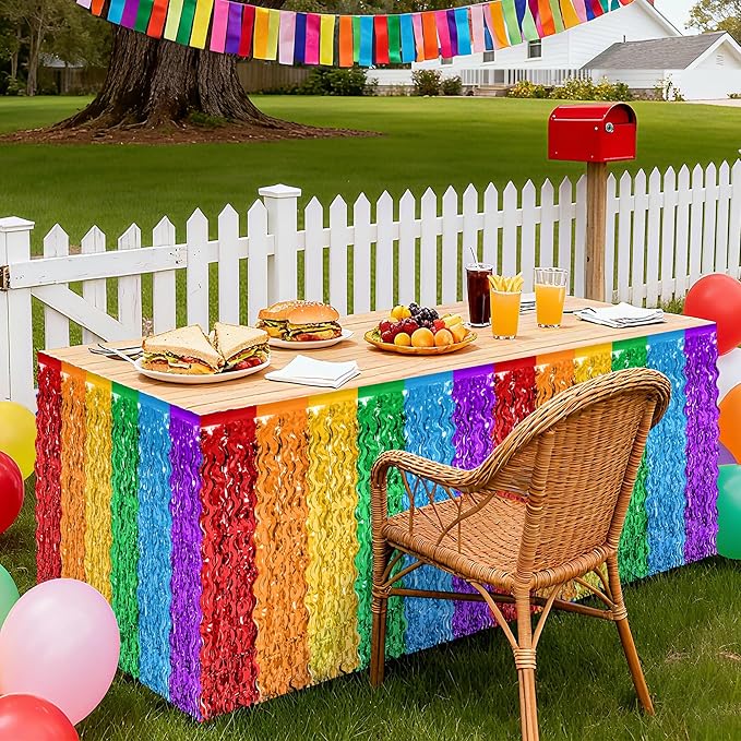 Rainbow Table Skirt, 2Pack Desk Skirts Party Decorations, Colorful Metallic Wavy Tinsel Foil Fringe Table Skirts, Lgbt Rainbow Foil Table Skirt for Birthday Pride Decorations Teacher Pride Month Decor
