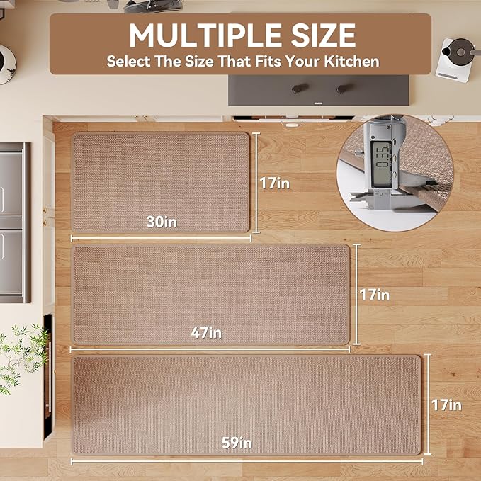 Kitchen Mat Kitchen Rugs Sets of 2 PCS Non Slip Washable, Linen-Like 0.3" Thick Cushioned Absorbent Kitchen Mats for Floor, Mild Anti-Fatigue Sink Laundry Standing Mat, Brown 17"x30"+17"x59"