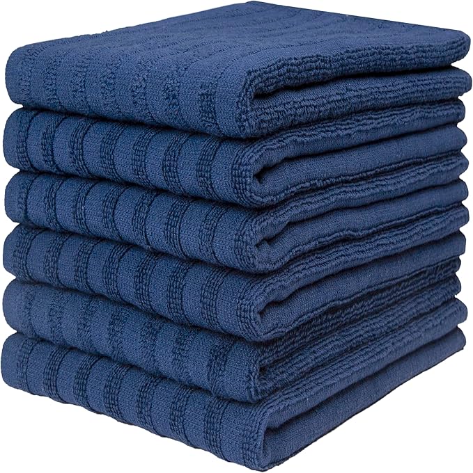 Premium Kitchen Towels (20”x 28”, 6 Pack) | Large Cotton Dish Towels 450 GSM | Highly Absorbent Terry Kitchen Linen Set with Hanging Loop | Blue Solid