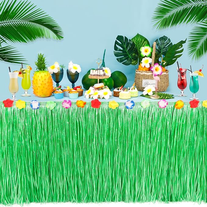Luau Party Table Skirt Decorations, 4PCS Green Hawaiian Themed Table Skirt Bulk, Indoor Outdoor 108 X 29.5" Grass Table Skirt Party Decor, Hula Dance Table Skirt for Summer Beach Themed Activities