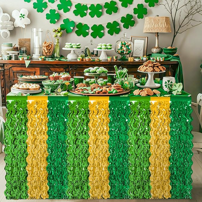 2 Pack St Patricks Day Table Skirts Decorations, Green Gold Saint PatricksTable Skirt, 29.5 x 108" Irish Decor, Metallic Wavy Tinsel Fringe Foil Grass Table Skirt for Party Event Parade Float Decor