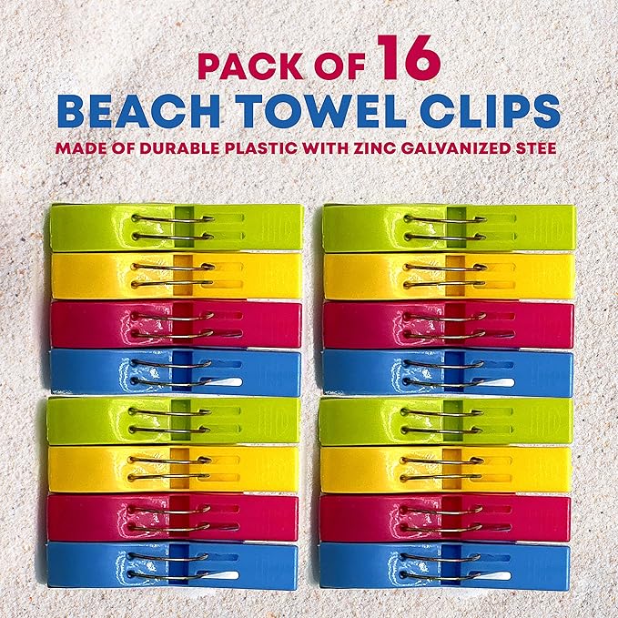 PERFORMORE 16 Pack Beach Towel Clips, Mixed Color (Blue, Green, Yellow, Pink) Jumbo Size Plastic Clothespins Hanging Clips Clamps, Towel Holder Clips for Beach, Pool Chairs on Cruise