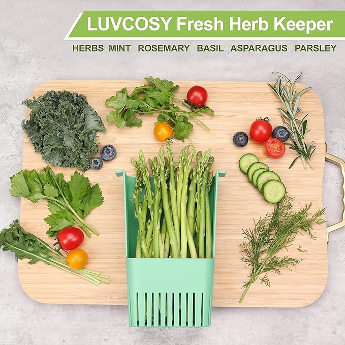 LUVCOSY 2 Pack Herb Keeper, BPA-Free Plastic Herb Saver with an Inner Basket for Cilantro, Mint, Parsley, and Asparagus, Keeps Fresh Herbs for 3 Times Longer