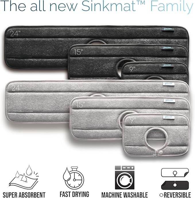 The Original Ternal Sinkmat Drip Catcher & Splash Guard, Faucet Mat for Sinks – Absorbent Microfiber, Machine Washable Counter Protector & Drying Mat for Kitchen, Bathroom or RV [Black, Mini, 1 Pack]