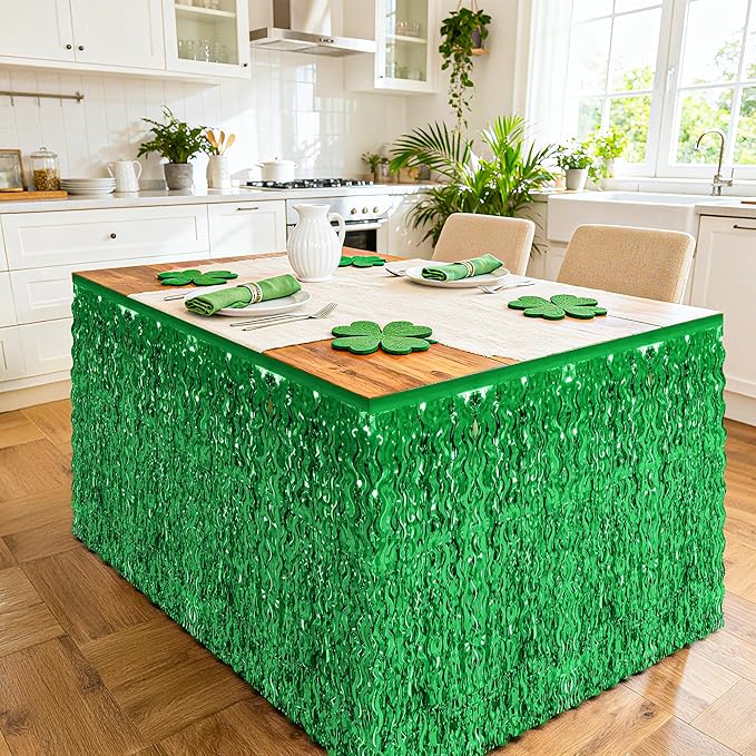 2 Pack Green Table Skirt, St Patrick's Day Foil Grass Table Skirt, Metallic Wavy Tinsel Foil Fringe Table Skirts, Table Skirts for Irish Holiday Saint Patrick Wedding Birthday Valentines Party