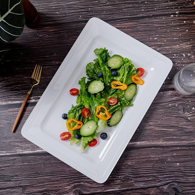 Melamine Beaded Serving Platters for Appetizer, Veggie, Charcuterie,Dessert, Set of 4, White Serving Trays for Party & Entertaining, Large Unbreakable Rectangular Party Platters, Dishes