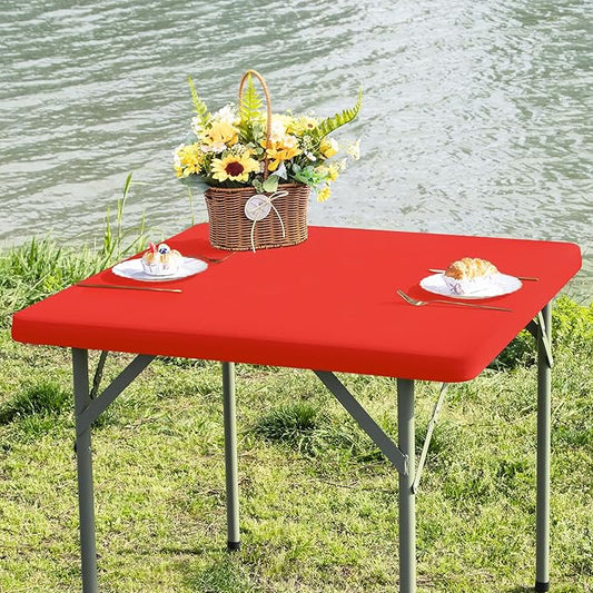 Square Fitted Table Cover Elastic Tablecloth Stretch Spandex Table Top Cover Table Topper Cap for Dining Kitchen Home Party Red 36X36 Inch
