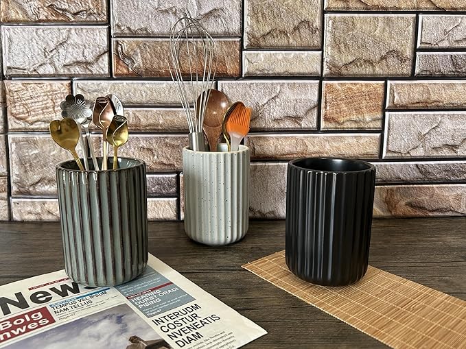 TOPYOKK Stoneware Coffee Bar Utensil Holder Tea & Coffee Spoon & Stirrer Holder for Stir Stick Straw Teaspoon Holder Spoon Cup Small Utensil Jar Fluted Vertical Stripe (Concrete Grey)