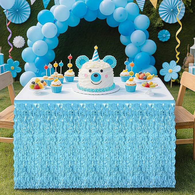 2 Pack Light Blue Table Skirt, Gender Reveal Desk Grass Skirt for Table, Under The Sea Party Wavy Tinsel Foil Fringe Table Skirts, Foil Table Skirts Oktoberfest Birthday Indoor Party Decor
