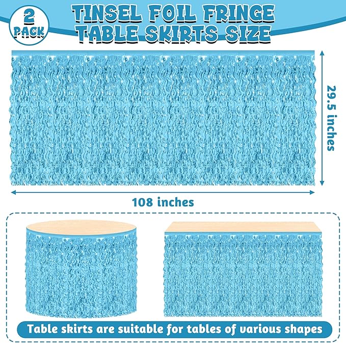 2 Pack Light Blue Table Skirt, Gender Reveal Desk Grass Skirt for Table, Under The Sea Party Wavy Tinsel Foil Fringe Table Skirts, Foil Table Skirts Oktoberfest Birthday Indoor Party Decor