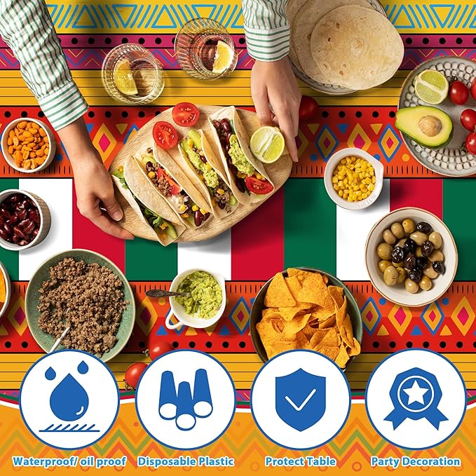 OHOME Cinco De Mayo Decorations - Fiesta Party Decorations - Fiesta Plastic Tablecloth for Taco - Mexican Theme Birthday Accessories Favors Decor,2 Pack