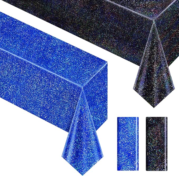 Blue & Black Holographic Tablecloth 40" x 108" Hot Pink Party Decoration Valentine's Day Birthday Party Table Decor Iridescence Plastic Table Cloth for Baby Shower Halloween Party Supplies