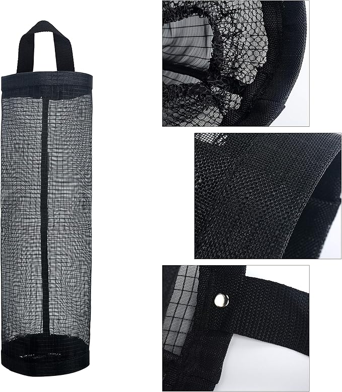 Mesh Garbage Bag Sulimy Plastic Bag Holder Dispensers 2pcs Folding Hanging Storage Trash bags Holders Organizer Recycling Grocery Pocket Containers with 2 Hooks for Home and Kitchen Black