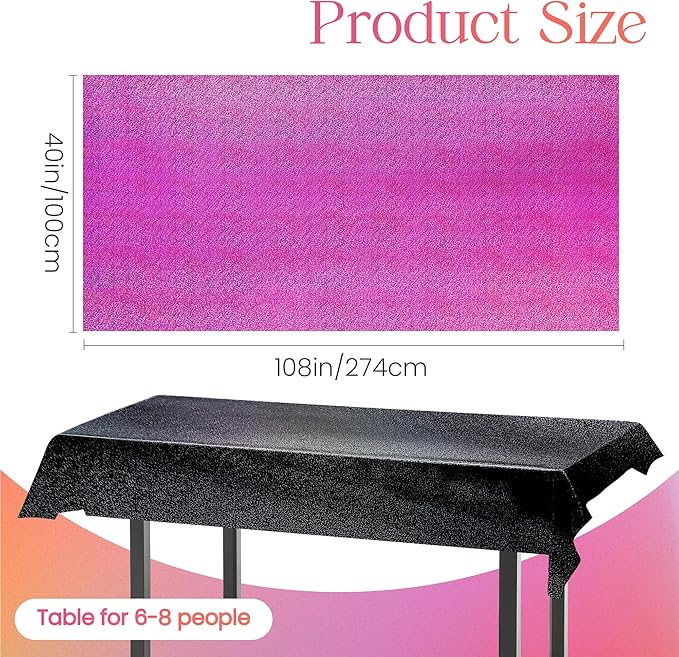 Black & Fuchsia Red Holographic Tablecloth - 40" x 108" Hot Pink Party Decor - Iridescent Plastic Table Cloth for Valentine's Day, Birthday, Halloween & Baby Showers