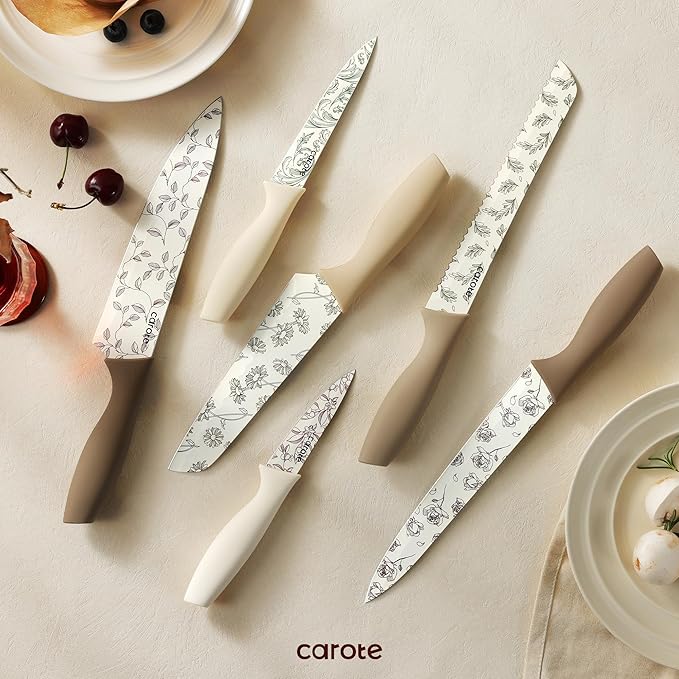 CAROTE 12PCS Knife Set, Kitchen Knife Set with 6 Blade Guards, Stainless Steel Knives Set With Nonstick Ceramic Coating, Rustproof, Delicate Floral Designs, White (Pack of 2)