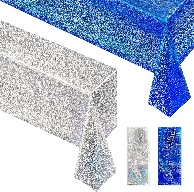 Royal Blue & Silver Holographic Party Tablecloth 40" x 108" Iridescence Plastic Table Cloth Blue White Table Covers for Graduation 4th of July Princess Birthday Winter Christmas Party Decoration