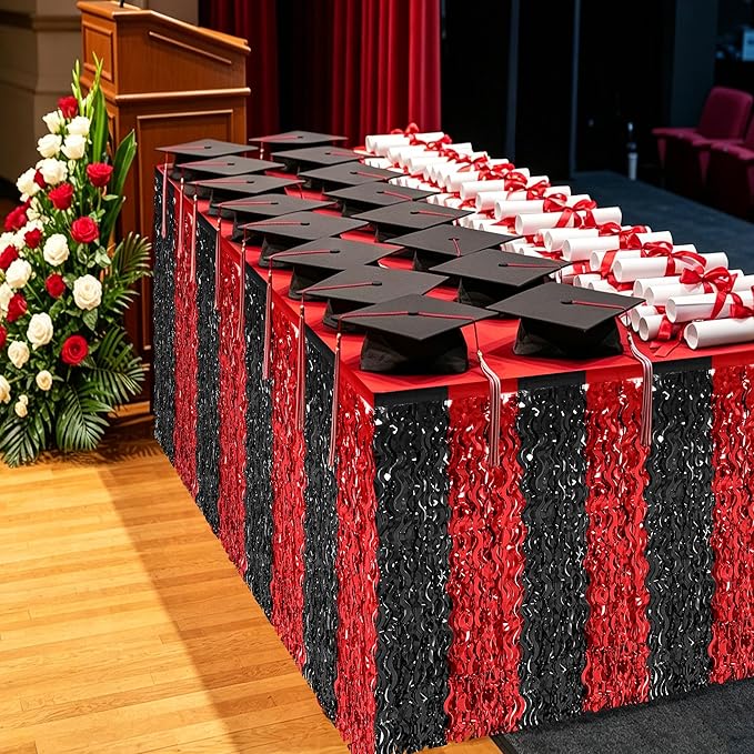 2 Pack 2026 Graduation Party Decorations Desk Skirt, Red Black Desk Grass Skirt for Table, Grad Metallic Wavy Tinsel Foil Fringe Table Skirts, Foil Table Skirt for Birthday Party Class of 2026 Decor