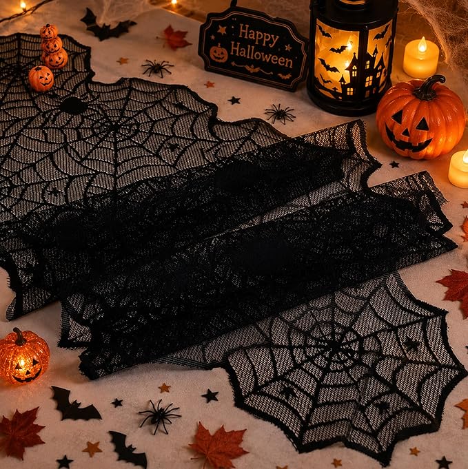 Halloween Decorations - Black Lace Spider Web Table Runner | Halloween Decor Party Favors Supplies for Indoor Outdoor - Halloween Table Centerpiece Decor for Home Office Dining Kitchen, 18 X 72 Inch