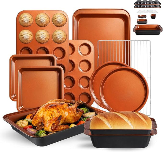 11-Piece Nonstick Baking Pans Set - Professional Grade Carbon Steel Bakeware with Premium Coating- Dishwasher Safe, Stackable, Oven Safe to 450°F (Two Layer Color)