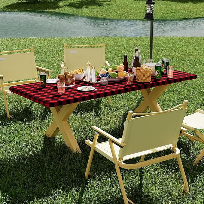 Smiry Picnic Table Cloth 2 Pack, Waterproof Elastic Fitted Tablecloths for 8FT Rectangle Tables, Washable Polyester Buffalo Plaid Tablecloth for Camping, Dining & Christmas(Black & Red, 30" x 96")