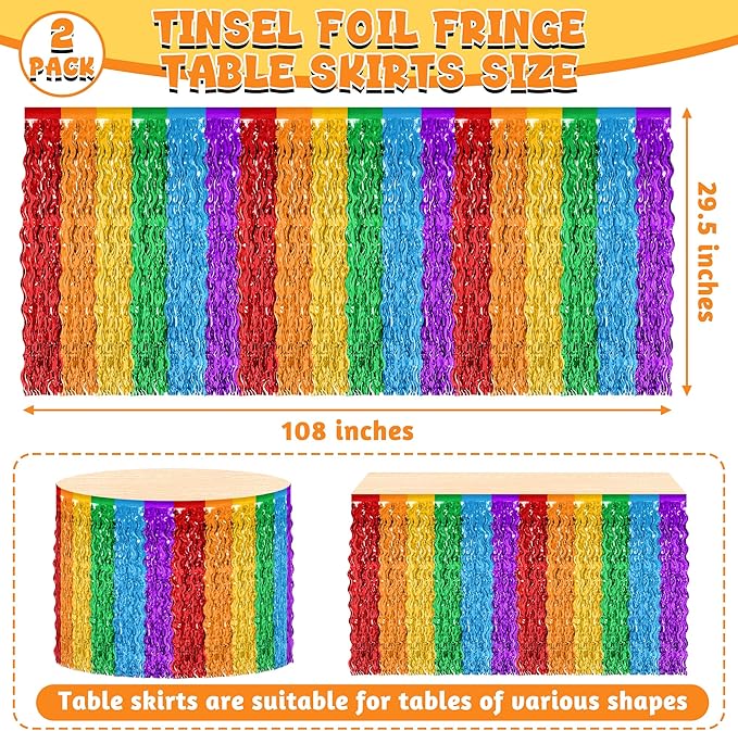 Rainbow Table Skirt, 2Pack Desk Skirts Party Decorations, Colorful Metallic Wavy Tinsel Foil Fringe Table Skirts, Lgbt Rainbow Foil Table Skirt for Birthday Pride Decorations Teacher Pride Month Decor