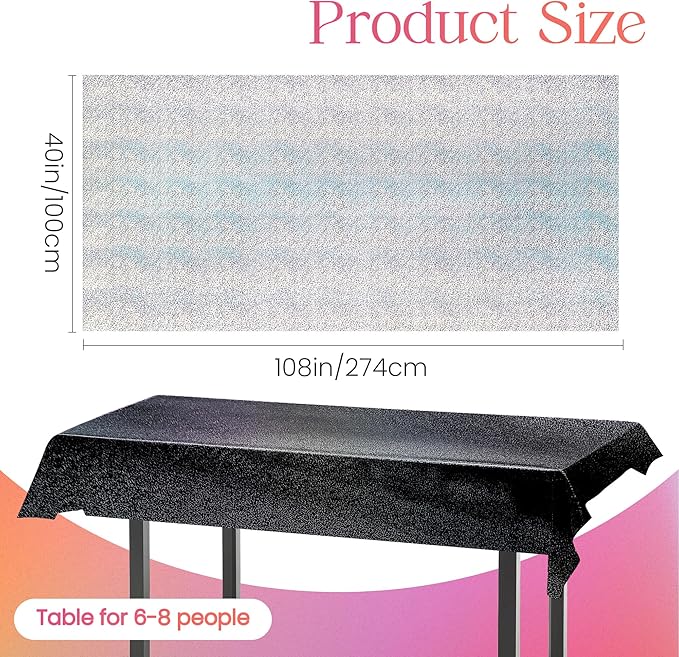 Just Shimmer 2 Pcs Black & Silver Holographic Laser Tablecloths Shiny Plastic Table Cloths 40" x 108" Black and White Classical Halloween Events Birthday Party Decor Anniversary Supplies