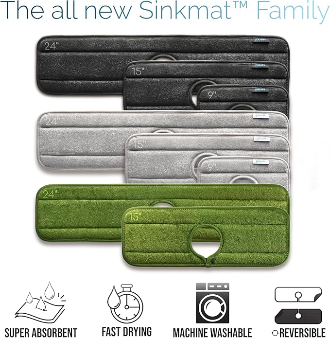 Ternal Original SINKMAT 15in Faucet Splash Guard Extra Long Microfiber Sink Drip Catcher Mat Non Slip Countertop Protector Drying Pad Kitchen Bathroom RV Machine Washable [Moss Green]