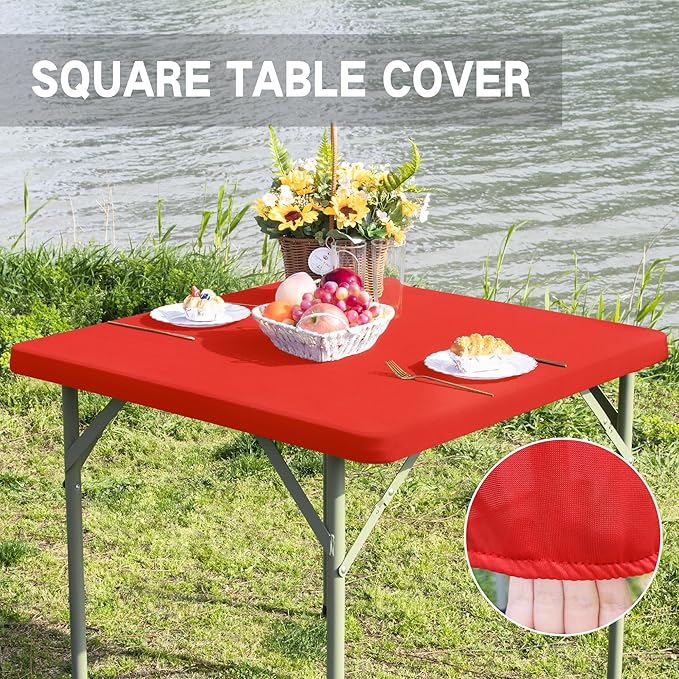 Square Fitted Table Cover Elastic Tablecloth Stretch Spandex Table Top Cover Table Topper Cap for Dining Kitchen Home Party Red 36X36 Inch