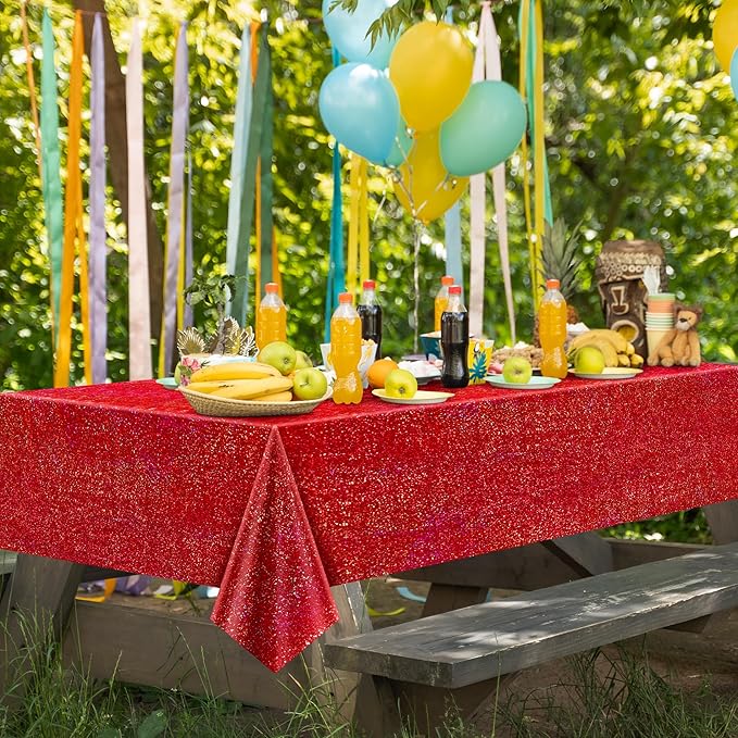 Red & Gold Carnival Laser Tablecloth 40" x 108" Shining Christmas Holiday Holographic Table Cloth Birthday Graduation Party Table Cover Plastic Foil Party Supplies For Anniversary Baby Shower