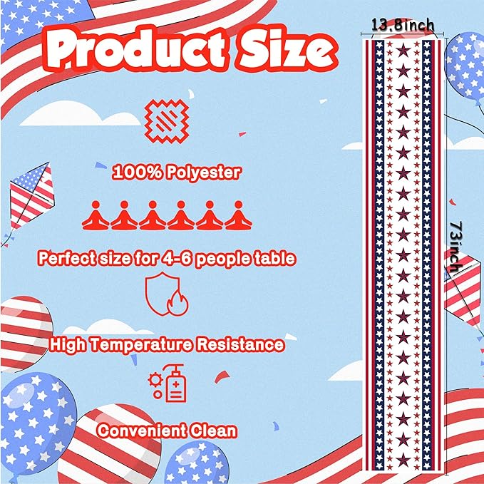 4th of July Decorations - Patriotic Table Runner for 250th Anniversary America Merchandise | Memorial Day Decorations - Fourth of July Decor Accessories for Indoor Outdoor Home Party Supplies