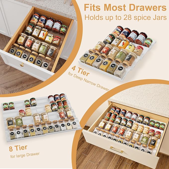 8-Pack Spice Rack for Drawer, Adjustable Seasoning Rack Tray, Expandable from 13" to 26" Kitchen Seasoning Organizers and Storage for Drawer, 2mm Acrylic, White (Jars Not Included)