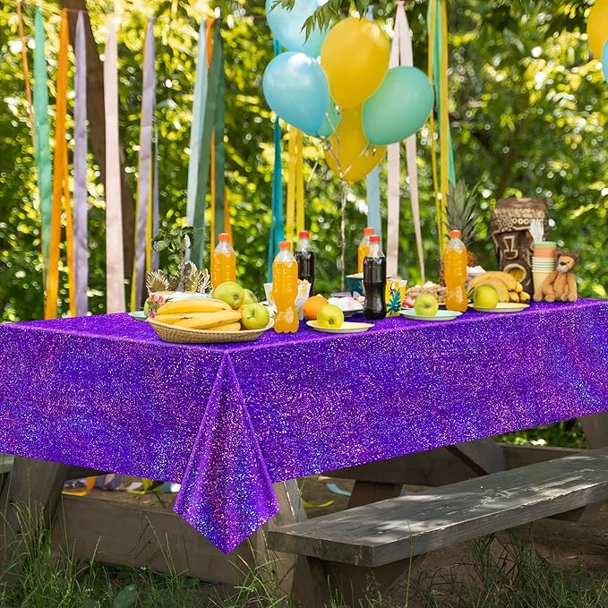 Purple & Gold Holographic Tablecloth 40" x 108" Iridescence Plastic Table Cloth for Valentine's Day, Birthday & Halloween Parties