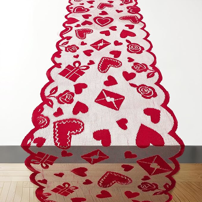 OHOME Valentines Day Decorations - Red Lace Table Runner | Valentines Day Decor Party Supplies Favors - Galentines Day Decorations Holiday Heart Table Cloth Centerpiece for Wedding Home Kitchen