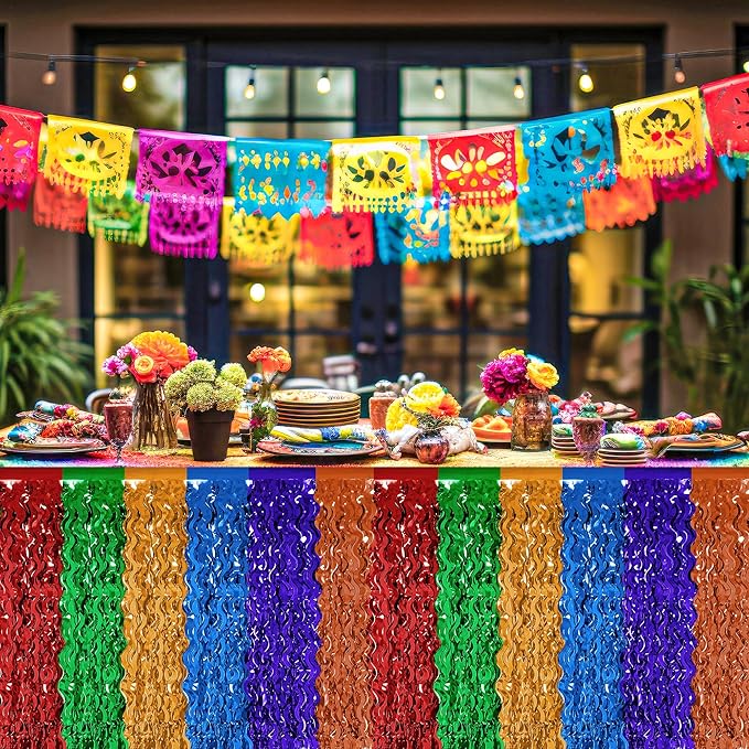 Cinco De Mayo Decorations, 2 Pack Fiesta Table Skirts Supplies for Fiesta Party Decorations, Mexican Theme Metallic Wavy Tinsel Foil Fringe Table Skirts for Photo Booth Props Birthday Table Decor